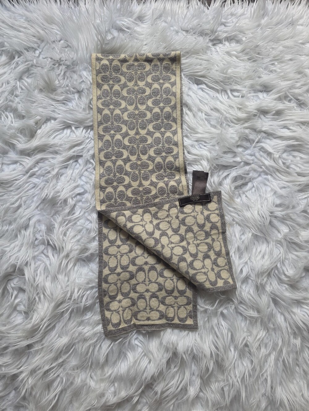 Coach Beige and Gray Signature Logo Scarf